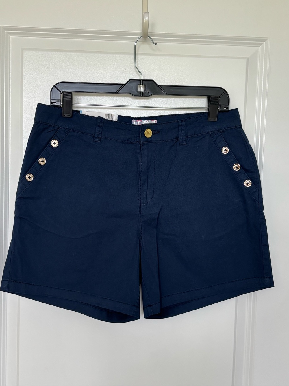 NWT Stella Parker Navy Stretch Shorts Gold Button Pockets Size 10